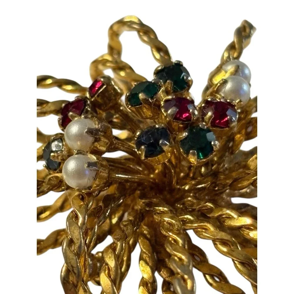 Austria 3D Rope Brooch Pin Starburst Fireworks‎ Atomic Rhinestone Faux Pearl VTG
